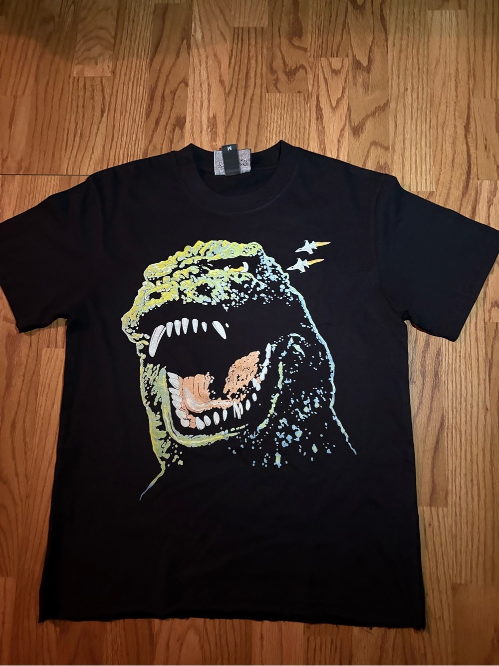 Black Godzilla Graphic T-Shirt with Yellow and Orange Print